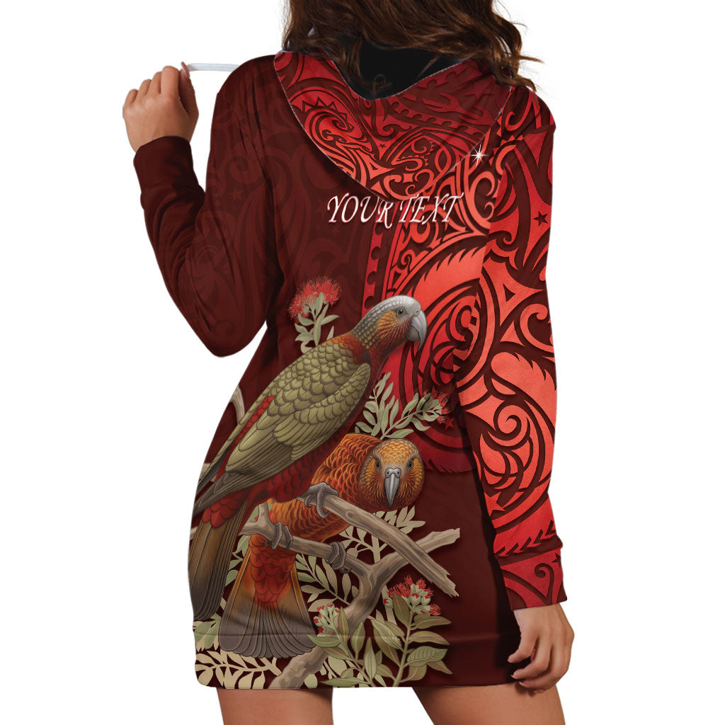New Zealand Kaka Bird Personalised Hoodie Dress Pohutukawa Matariki Maori Pattern