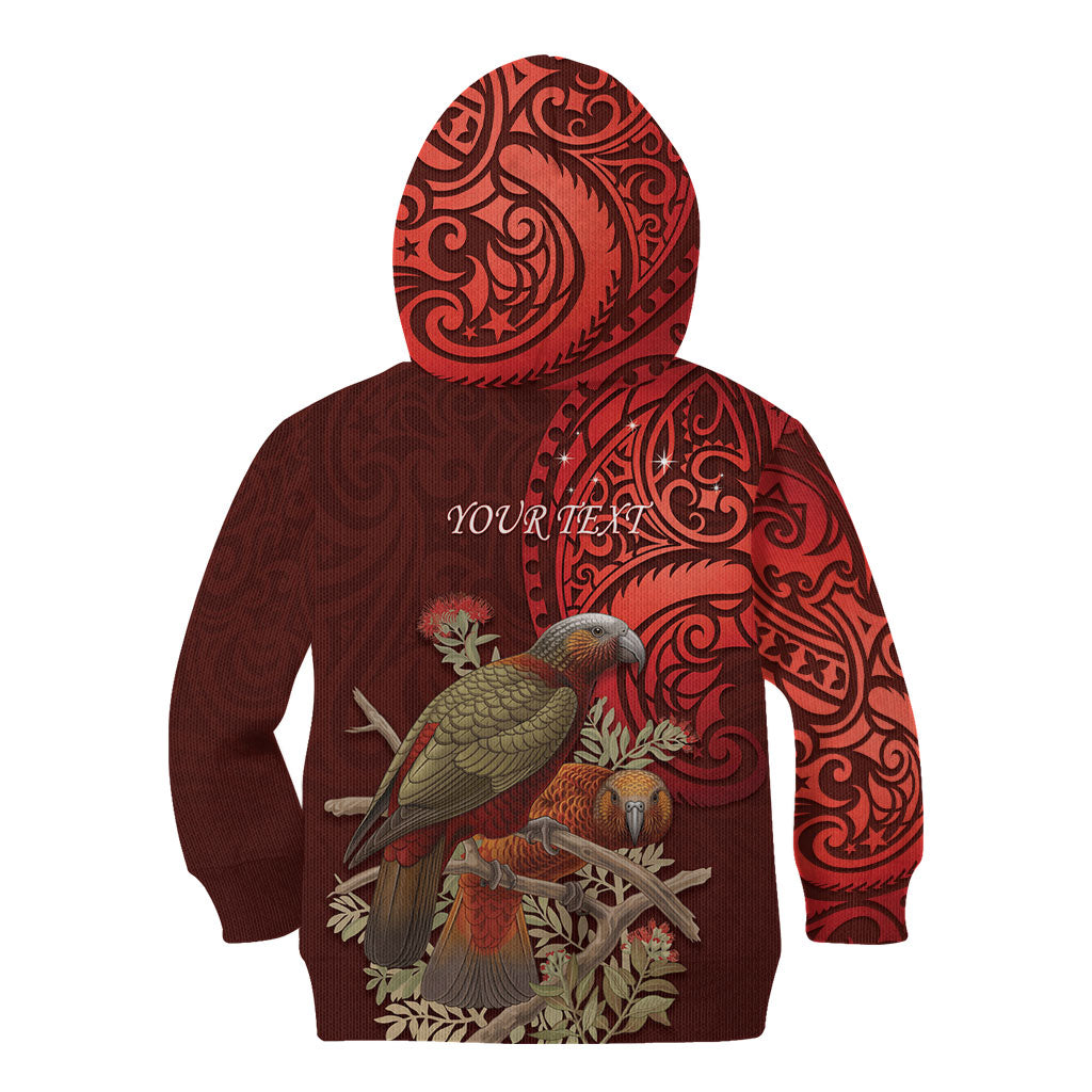 New Zealand Kaka Bird Personalised Kid Hoodie Pohutukawa Matariki Maori Pattern LT22 - Polynesian Pride
