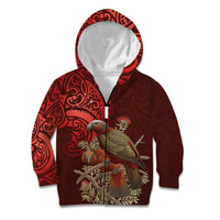 New Zealand Kaka Bird Personalised Kid Hoodie Pohutukawa Matariki Maori Pattern LT22 Zip Hoodie Red - Polynesian Pride