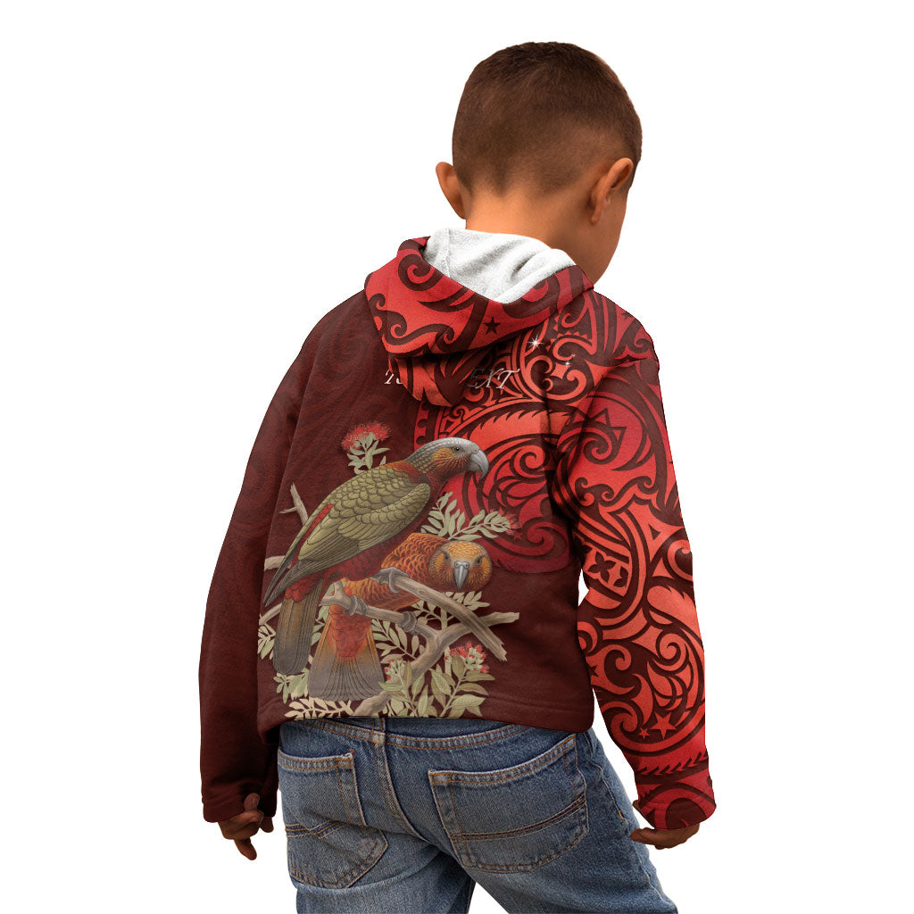New Zealand Kaka Bird Personalised Kid Hoodie Pohutukawa Matariki Maori Pattern LT22 - Polynesian Pride