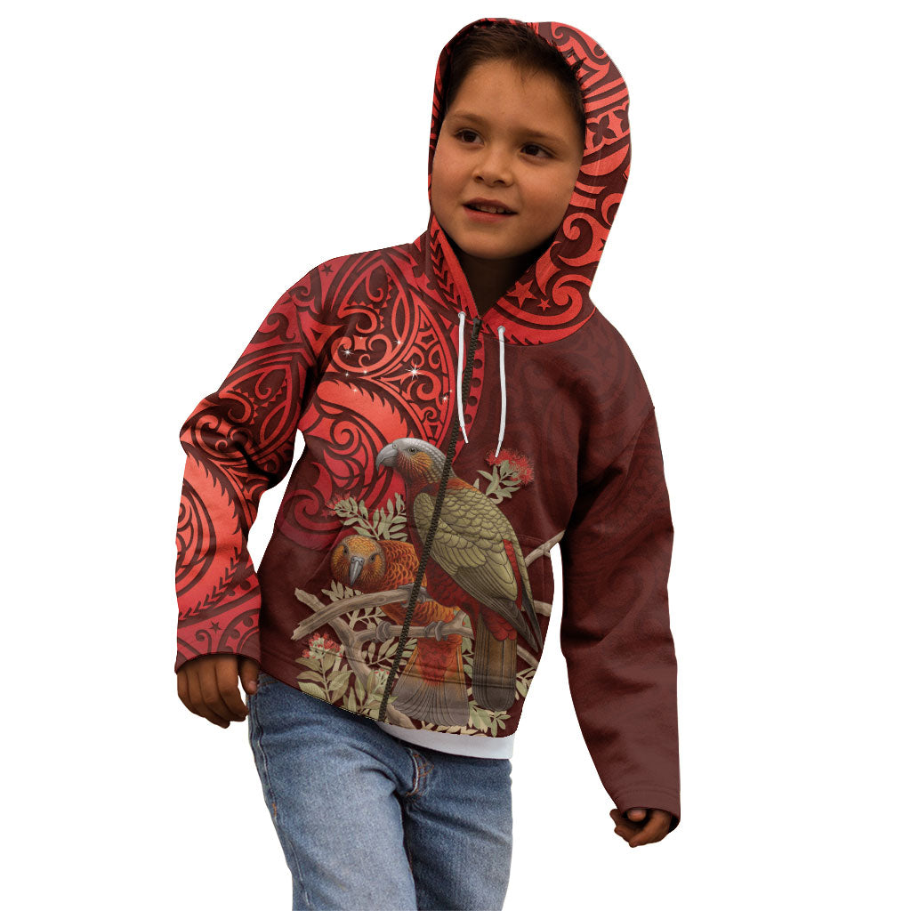 New Zealand Kaka Bird Personalised Kid Hoodie Pohutukawa Matariki Maori Pattern LT22 - Polynesian Pride