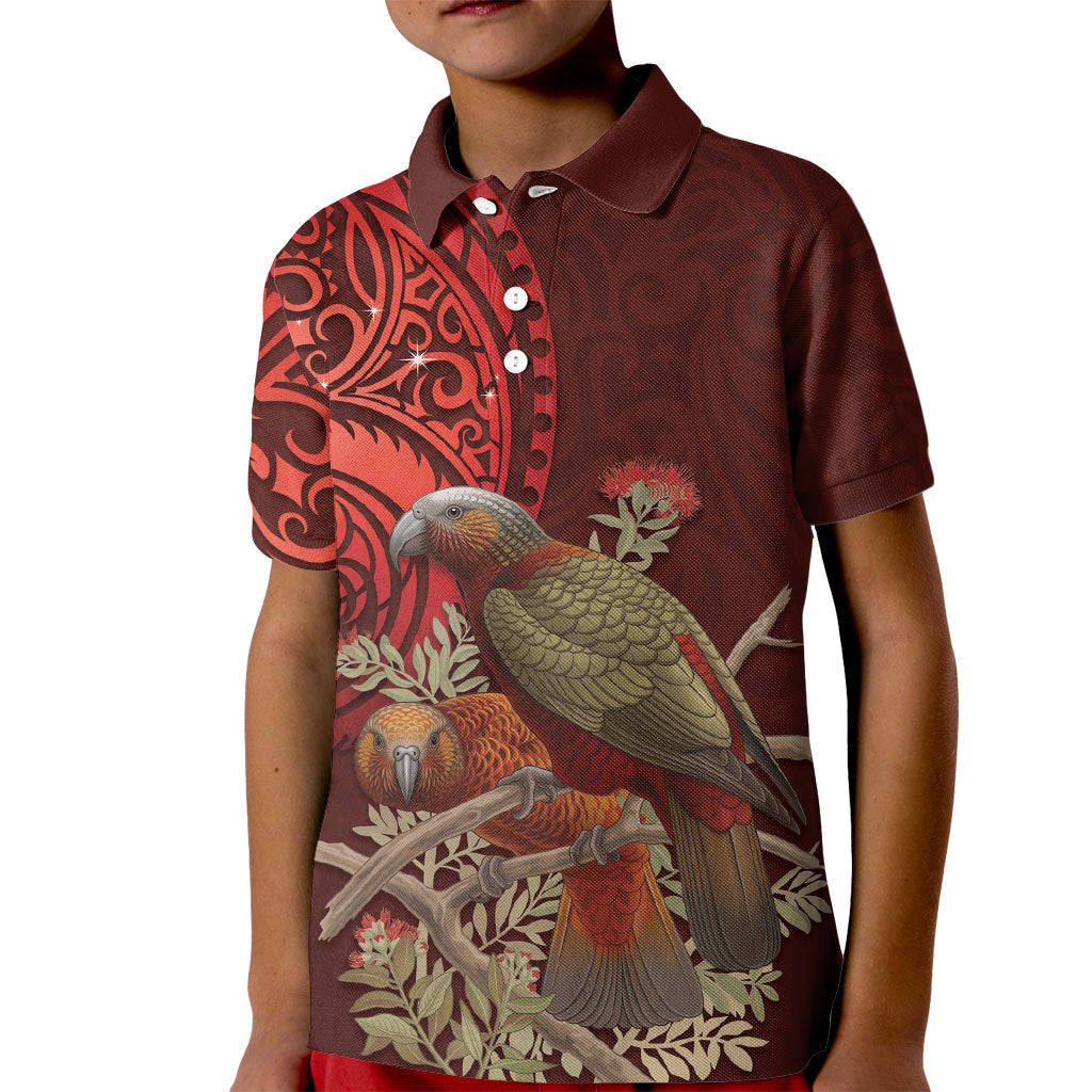 New Zealand Kaka Bird Personalised Kid Polo Shirt Pohutukawa Matariki Maori Pattern LT22 Kid Red - Polynesian Pride