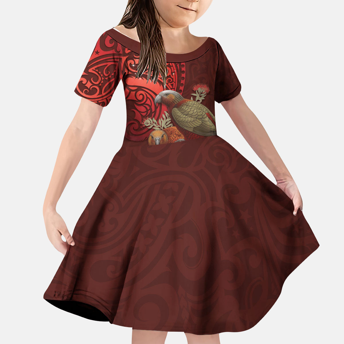 New Zealand Kaka Bird Personalised Kid Short Sleeve Dress Pohutukawa Matariki Maori Pattern LT22 KID Red - Polynesian Pride