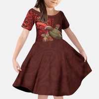 New Zealand Kaka Bird Personalised Kid Short Sleeve Dress Pohutukawa Matariki Maori Pattern LT22 KID Red - Polynesian Pride