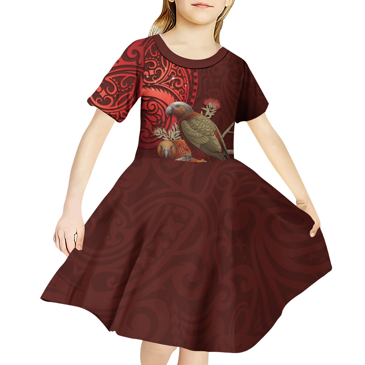 New Zealand Kaka Bird Personalised Kid Short Sleeve Dress Pohutukawa Matariki Maori Pattern LT22 - Polynesian Pride