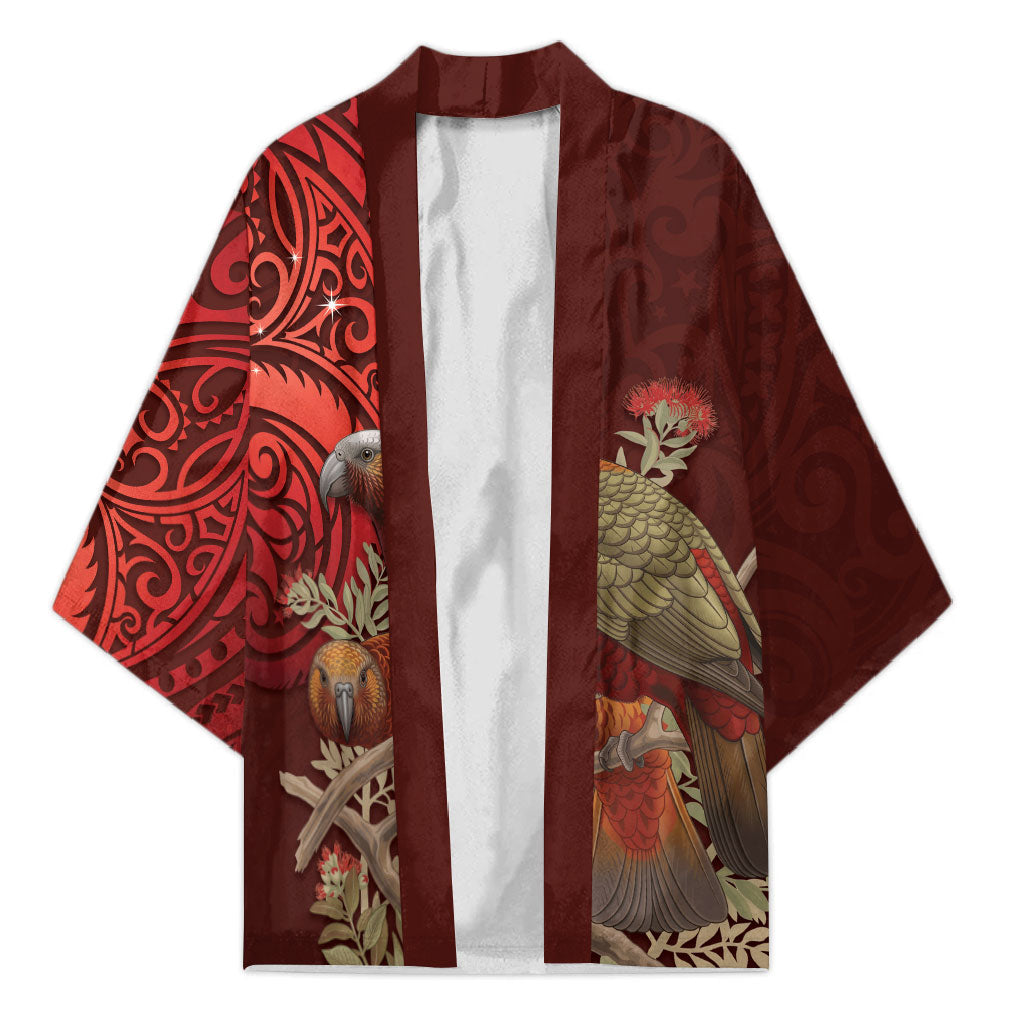New Zealand Kaka Bird Personalised Kimono Pohutukawa Matariki Maori Pattern LT22 Unisex Red - Polynesian Pride