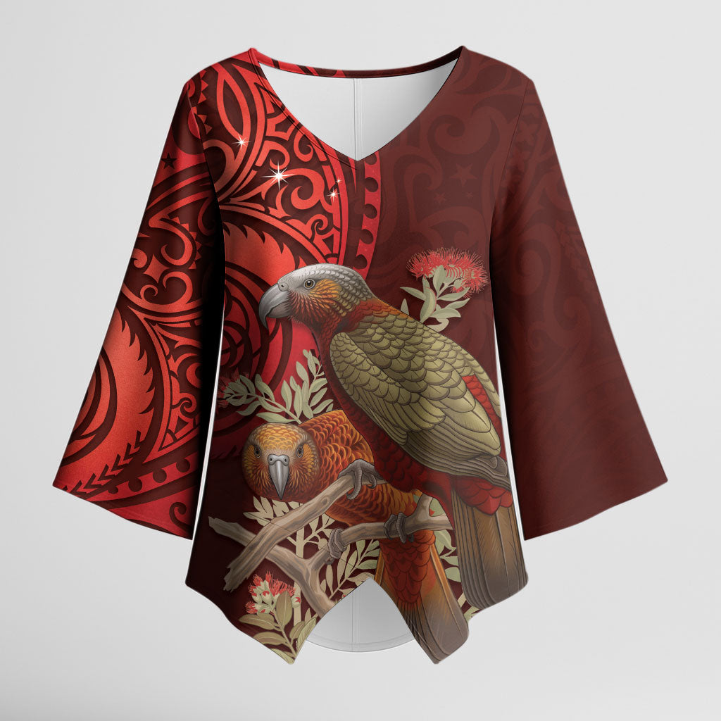 New Zealand Kaka Bird Personalised Kimono Sleeve Blouse Pohutukawa Matariki Maori Pattern LT22 Female Red - Polynesian Pride