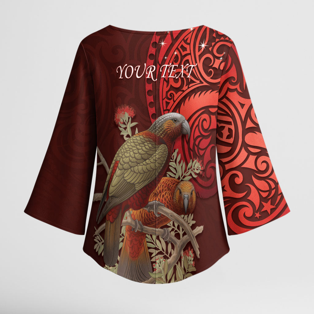 New Zealand Kaka Bird Personalised Kimono Sleeve Blouse Pohutukawa Matariki Maori Pattern LT22 - Polynesian Pride