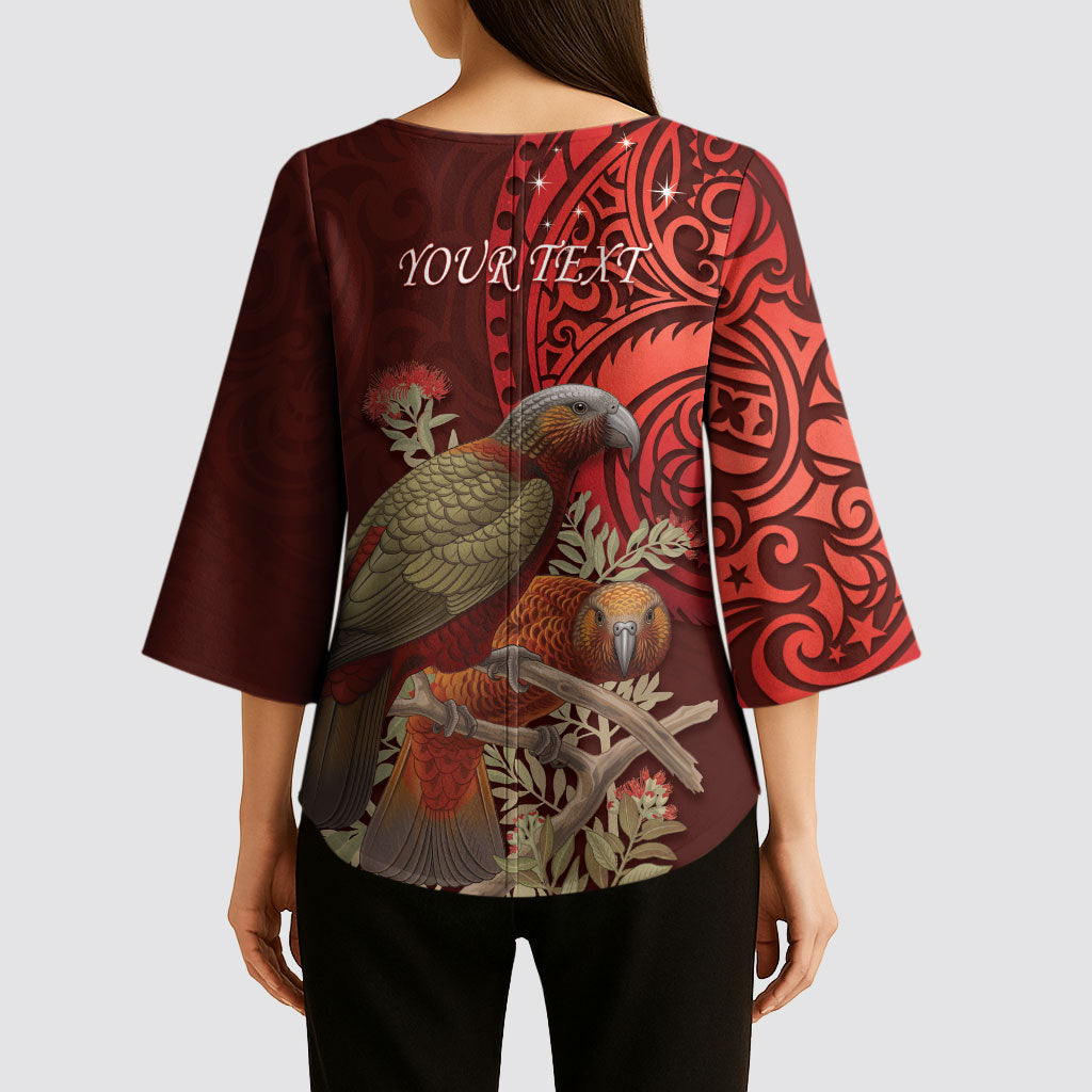 New Zealand Kaka Bird Personalised Kimono Sleeve Blouse Pohutukawa Matariki Maori Pattern LT22 - Polynesian Pride