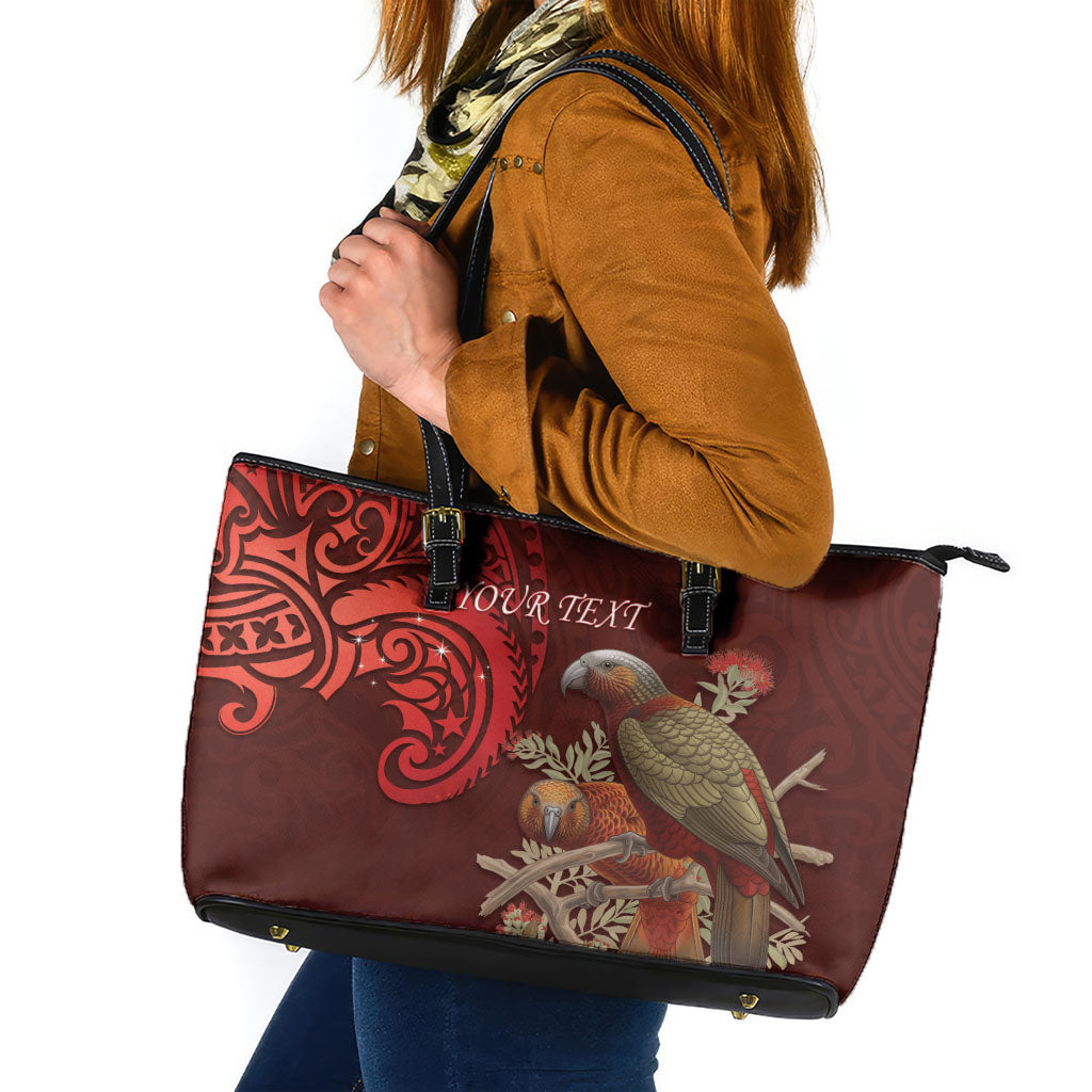 New Zealand Kaka Bird Personalised Leather Tote Bag Pohutukawa Matariki Maori Pattern