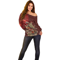 New Zealand Kaka Bird Personalised Off Shoulder Sweater Pohutukawa Matariki Maori Pattern