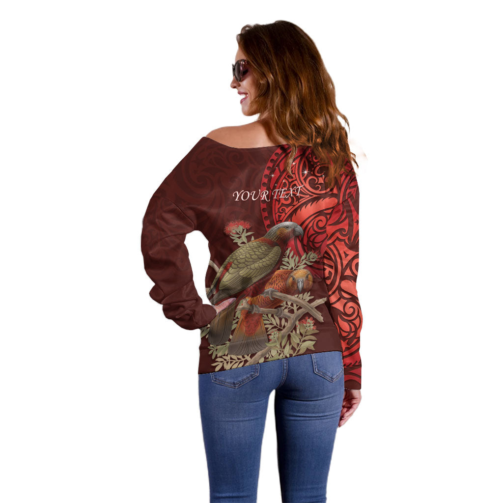 New Zealand Kaka Bird Personalised Off Shoulder Sweater Pohutukawa Matariki Maori Pattern