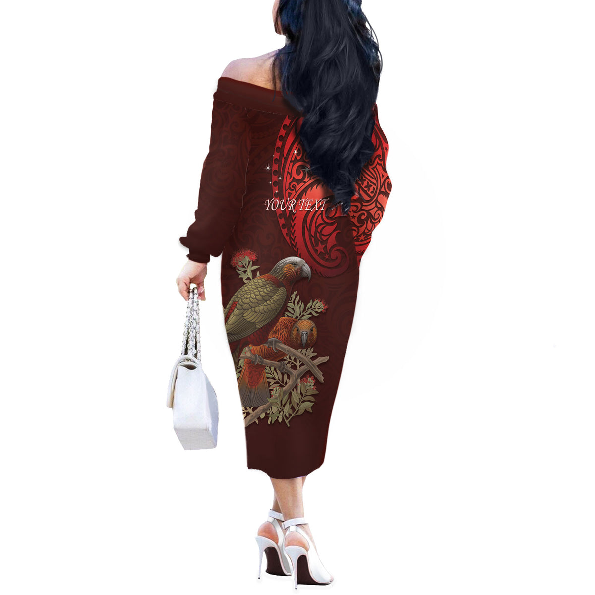 New Zealand Kaka Bird Personalised Off The Shoulder Long Sleeve Dress Pohutukawa Matariki Maori Pattern