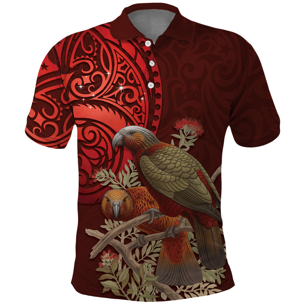 New Zealand Kaka Bird Personalised Polo Shirt Pohutukawa Matariki Maori Pattern LT22 Red - Polynesian Pride