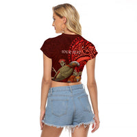 New Zealand Kaka Bird Personalised Raglan Cropped T Shirt Pohutukawa Matariki Maori Pattern LT22 - Polynesian Pride