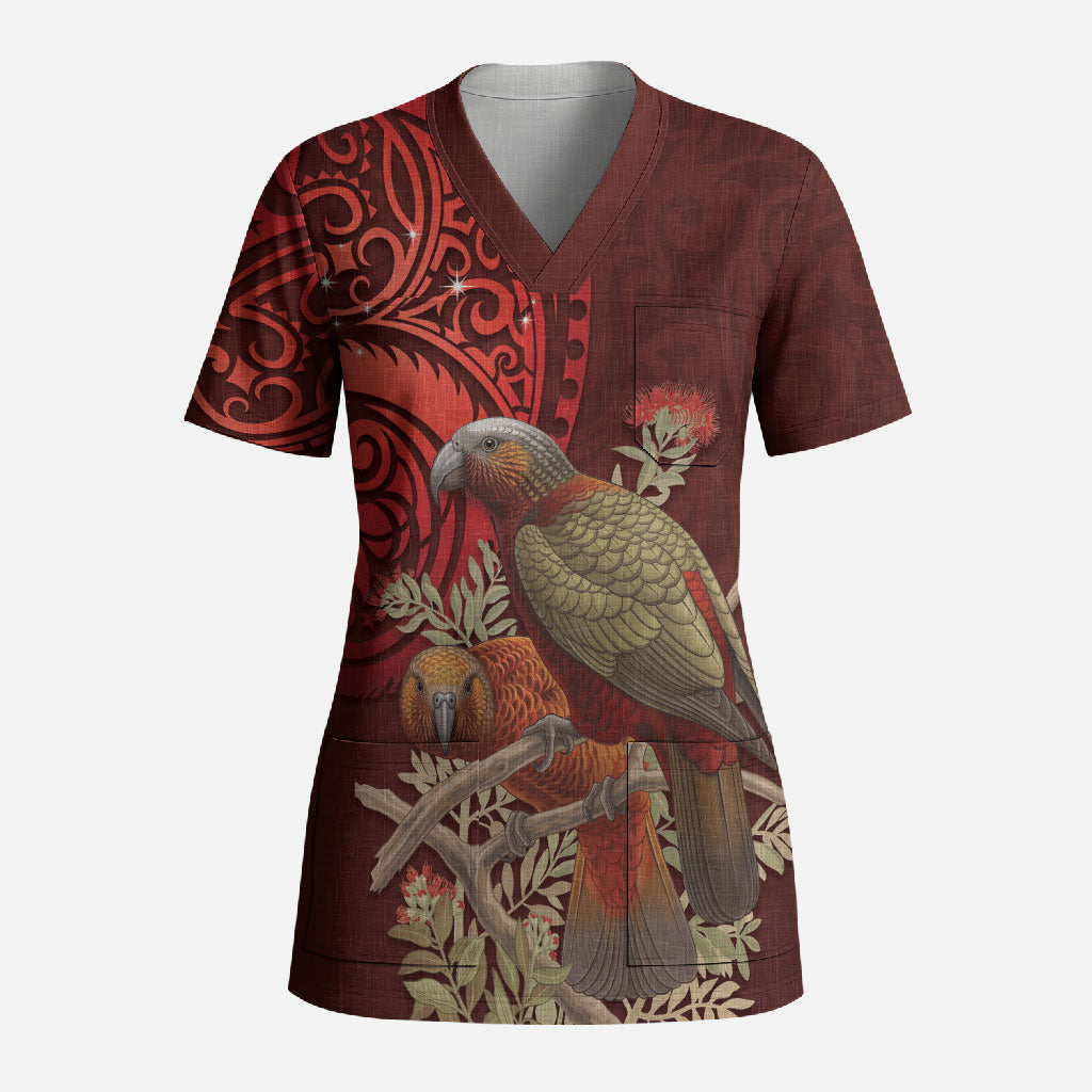 New Zealand Kaka Bird Personalised Scrub Top Pohutukawa Matariki Maori Pattern