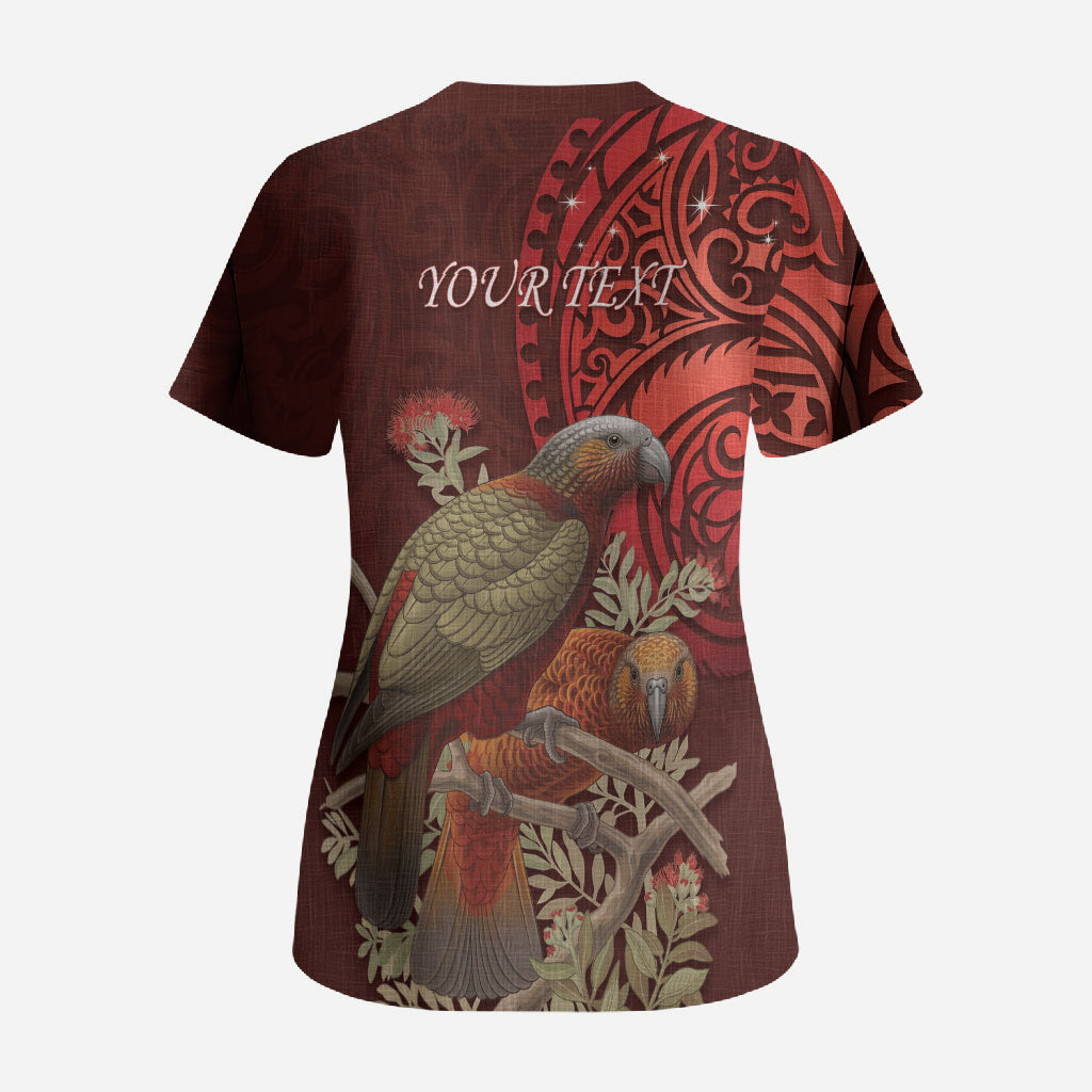 New Zealand Kaka Bird Personalised Scrub Top Pohutukawa Matariki Maori Pattern