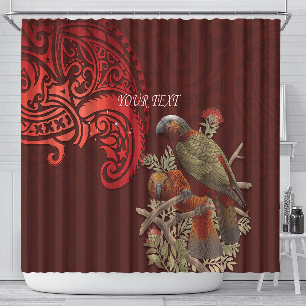 New Zealand Kaka Bird Personalised Shower Curtain Pohutukawa Matariki Maori Pattern