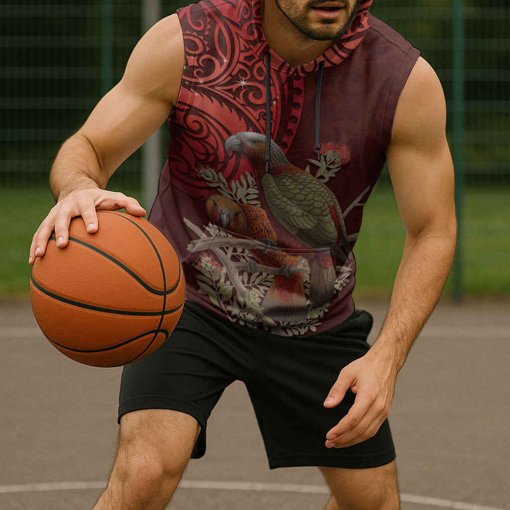 New Zealand Kaka Bird Personalised Sleeveless Hoodie Pohutukawa Matariki Maori Pattern