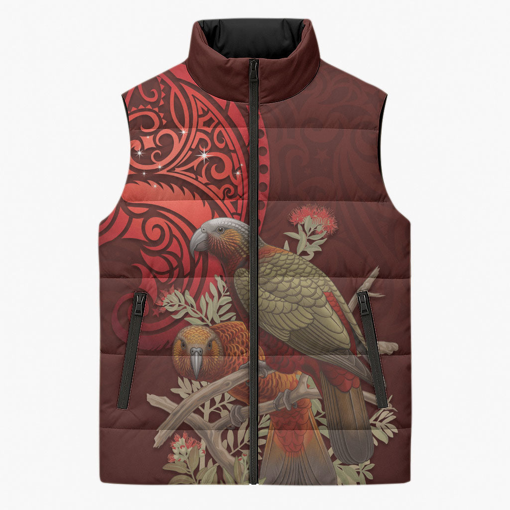 New Zealand Kaka Bird Personalised Sleeveless Puffer Jacket Pohutukawa Matariki Maori Pattern