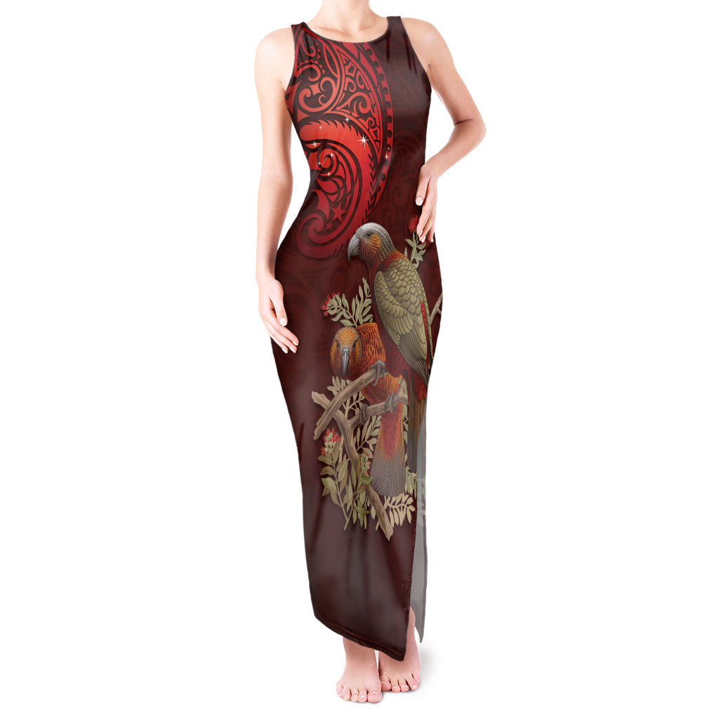 New Zealand Kaka Bird Personalised Tank Maxi Dress Pohutukawa Matariki Maori Pattern LT22 Women Red - Polynesian Pride