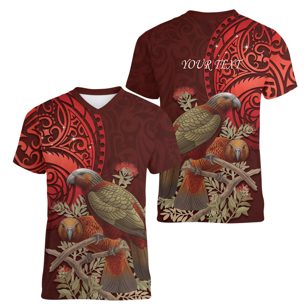 New Zealand Kaka Bird Personalised Women V-Neck T-Shirt Pohutukawa Matariki Maori Pattern