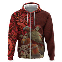 New Zealand Kaka Bird Personalised Zip Hoodie Pohutukawa Matariki Maori Pattern LT22 Zip Hoodie Red - Polynesian Pride