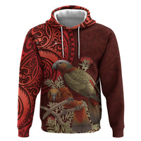 New Zealand Kaka Bird Personalised Zip Hoodie Pohutukawa Matariki Maori Pattern LT22 Pullover Hoodie Red - Polynesian Pride