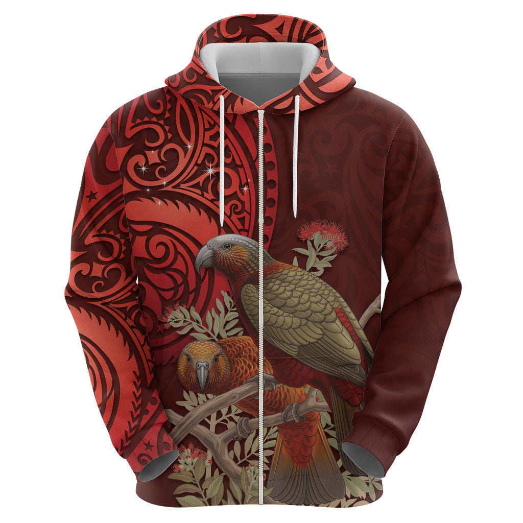 New Zealand Kaka Bird Personalised Zip Hoodie Pohutukawa Matariki Maori Pattern LT22 - Polynesian Pride