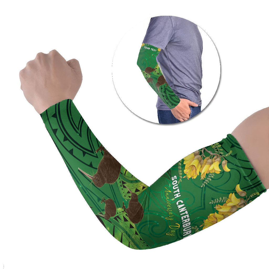 Personalised South Canterbury Anniversary Day Arm Sleeves Kiwi Kowhai Silver Fern Maori Pattern LT22 Set of 2 Green - Polynesian Pride