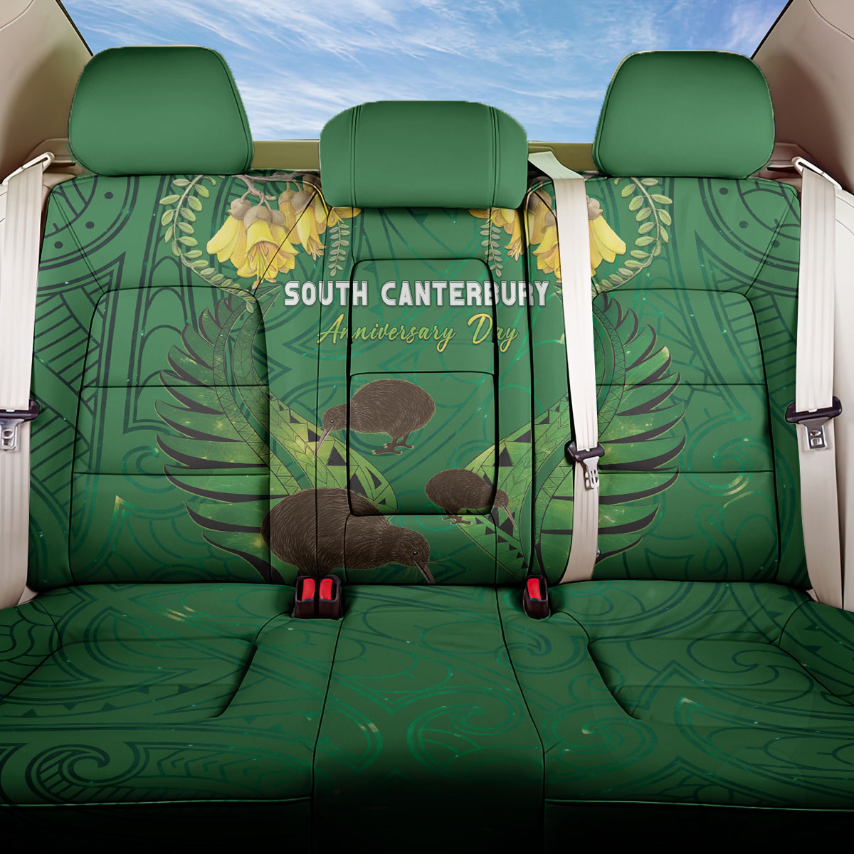 South Canterbury Anniversary Day Back Car Seat Cover Kiwi Kowhai Silver Fern Maori Pattern LT22 One Size Green - Polynesian Pride