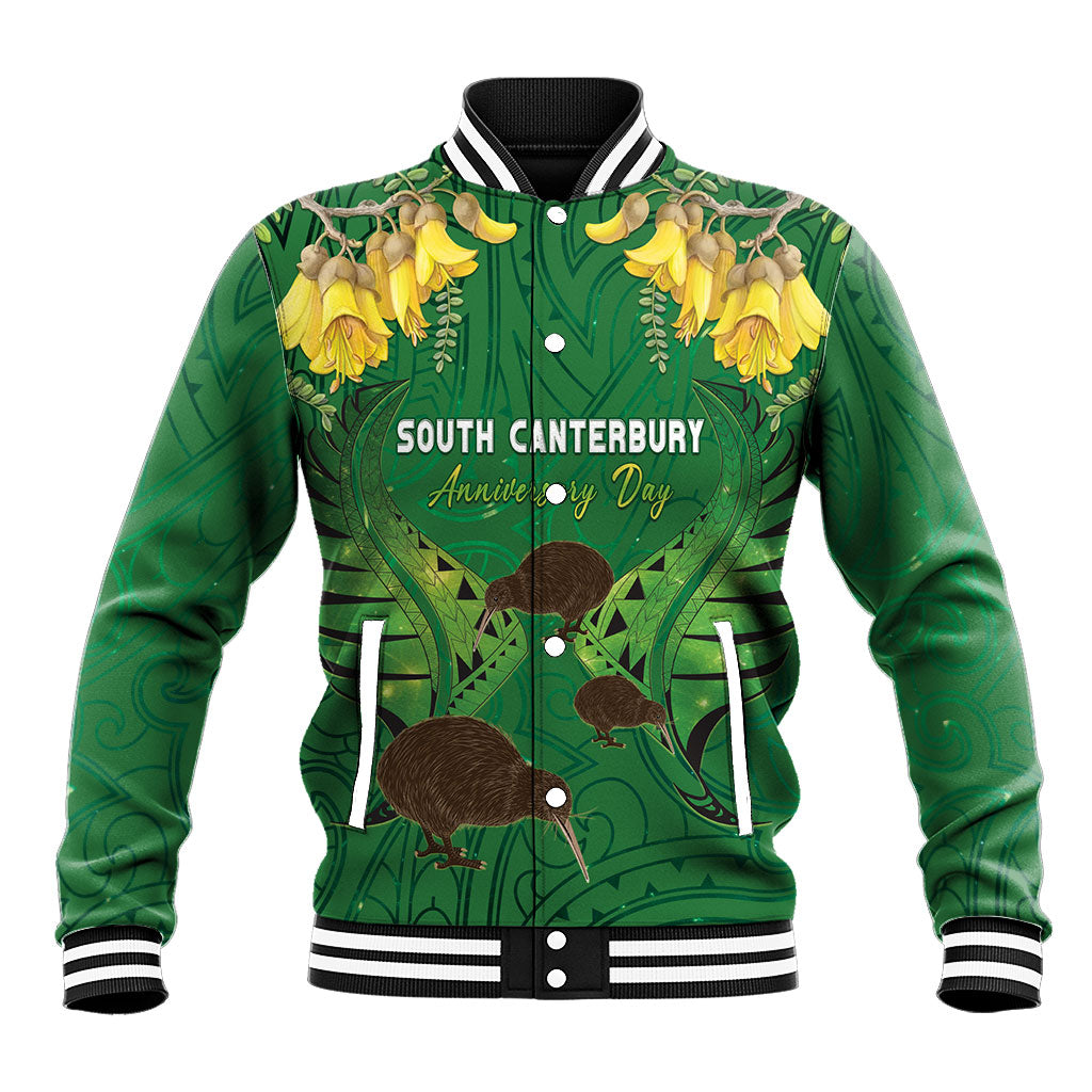Personalised South Canterbury Anniversary Day Baseball Jacket Kiwi Kowhai Silver Fern Maori Pattern LT22 Unisex Green - Polynesian Pride