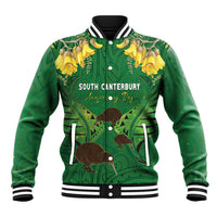 Personalised South Canterbury Anniversary Day Baseball Jacket Kiwi Kowhai Silver Fern Maori Pattern LT22 Unisex Green - Polynesian Pride