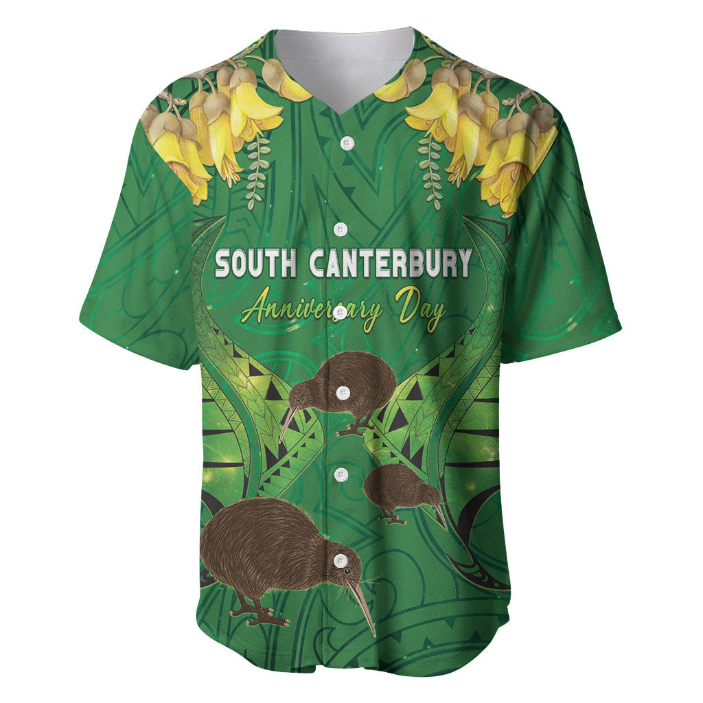 Personalised South Canterbury Anniversary Day Baseball Jersey Kiwi Kowhai Silver Fern Maori Pattern LT22 Green - Polynesian Pride