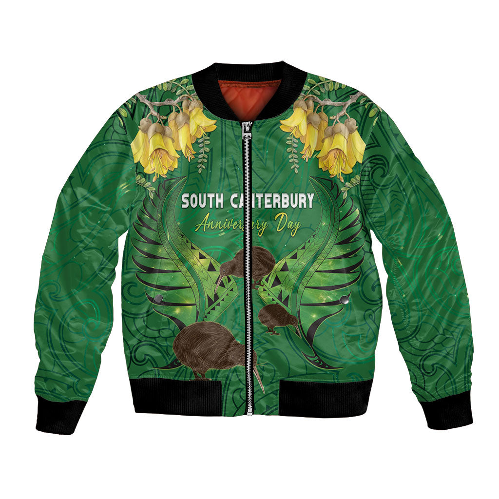 Personalised South Canterbury Anniversary Day Bomber Jacket Kiwi Kowhai Silver Fern Maori Pattern LT22 Unisex Green - Polynesian Pride