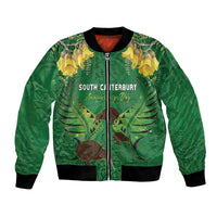 Personalised South Canterbury Anniversary Day Bomber Jacket Kiwi Kowhai Silver Fern Maori Pattern LT22 Unisex Green - Polynesian Pride