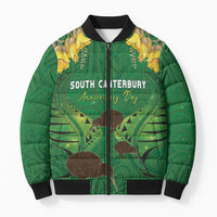 Personalised South Canterbury Anniversary Day Bomber Puffer Jacket Kiwi Kowhai Silver Fern Maori Pattern LT22 Unisex Green - Polynesian Pride