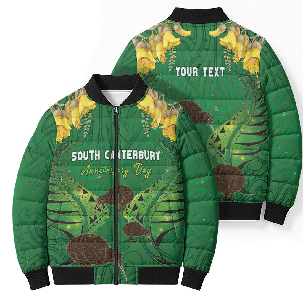 Personalised South Canterbury Anniversary Day Bomber Puffer Jacket Kiwi Kowhai Silver Fern Maori Pattern LT22 - Polynesian Pride