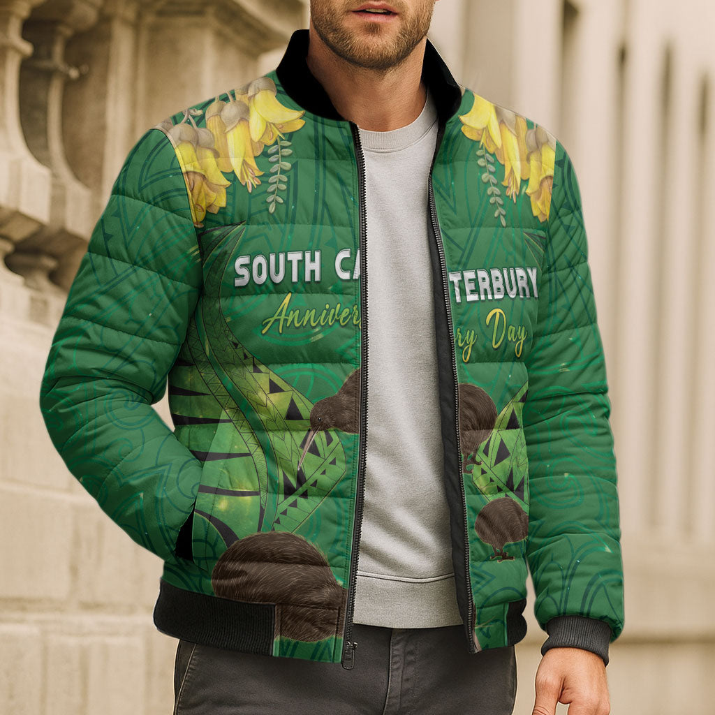 Personalised South Canterbury Anniversary Day Bomber Puffer Jacket Kiwi Kowhai Silver Fern Maori Pattern LT22 - Polynesian Pride