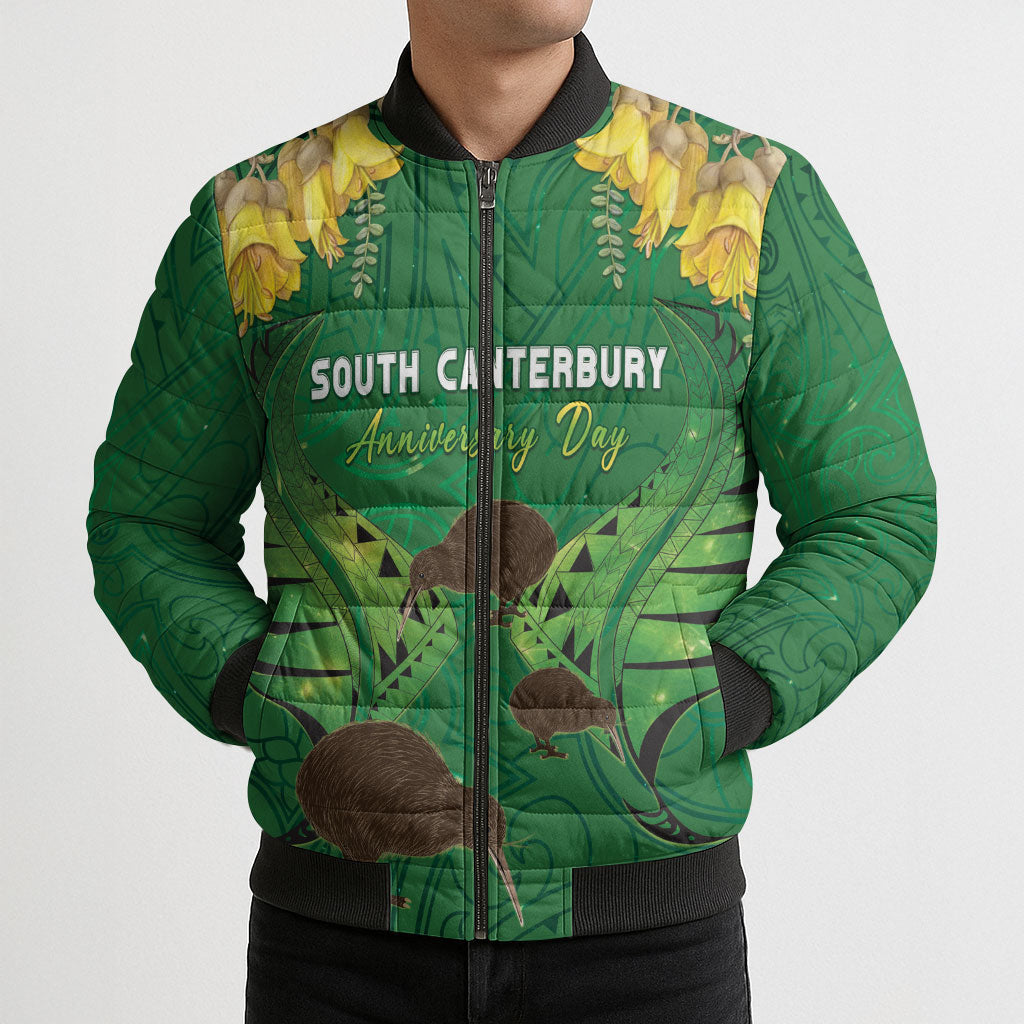 Personalised South Canterbury Anniversary Day Bomber Puffer Jacket Kiwi Kowhai Silver Fern Maori Pattern LT22 - Polynesian Pride