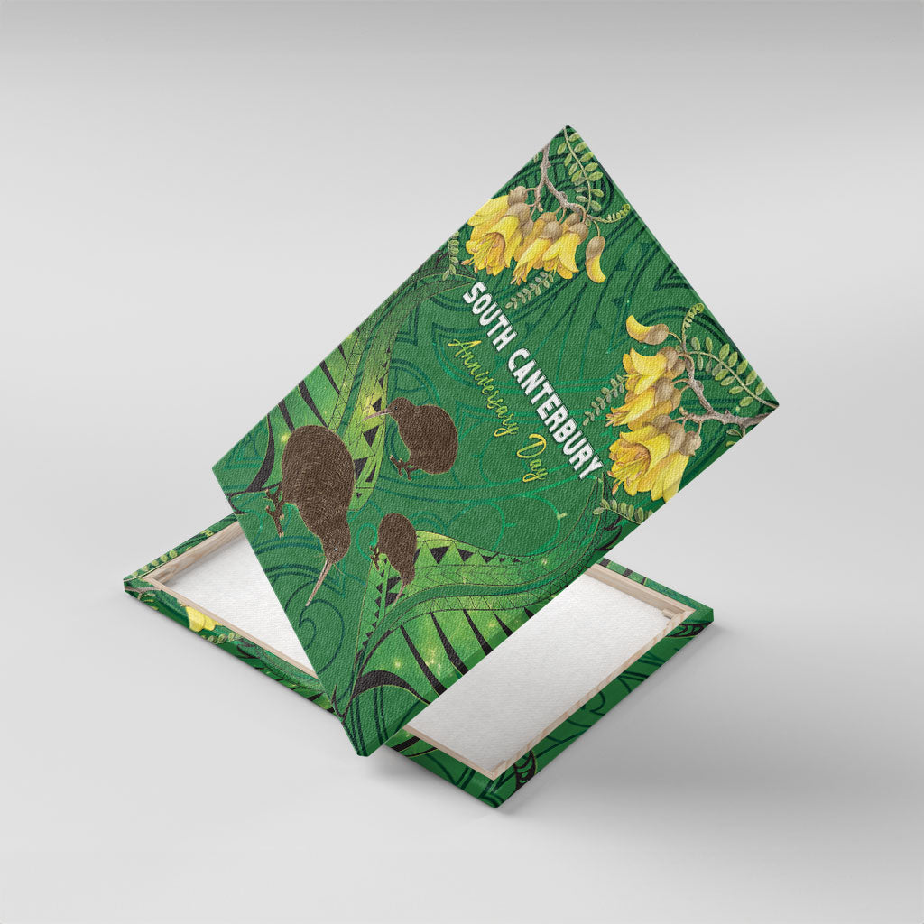 South Canterbury Anniversary Day Canvas Wall Art Kiwi Kowhai Silver Fern Maori Pattern LT22 With Frame Green - Polynesian Pride