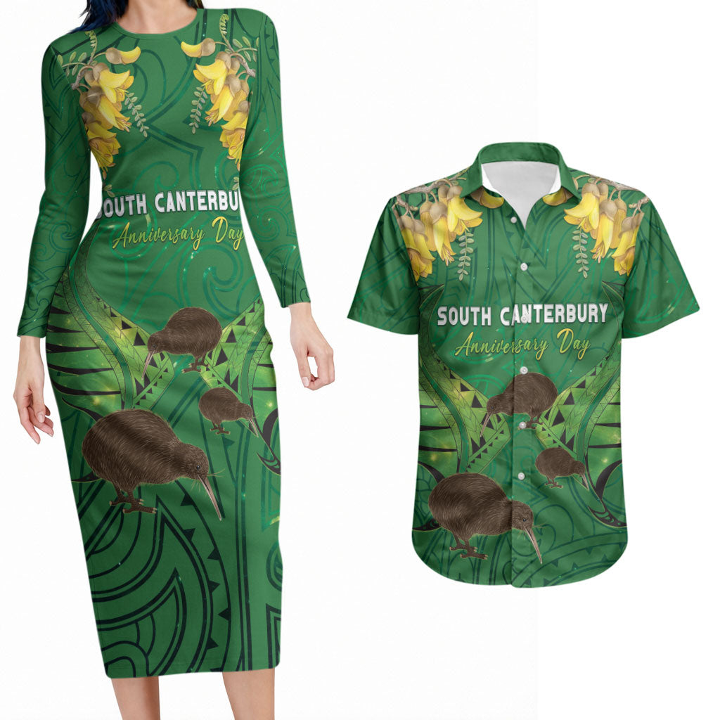 Personalised South Canterbury Anniversary Day Couples Matching Long Sleeve Bodycon Dress and Hawaiian Shirt Kiwi Kowhai Silver Fern Maori Pattern LT22 Green - Polynesian Pride