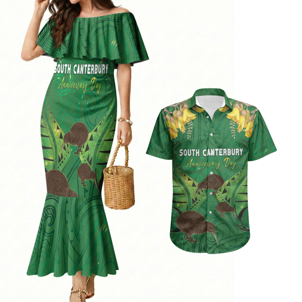 Personalised South Canterbury Anniversary Day Couples Matching Mermaid Dress and Hawaiian Shirt Kiwi Kowhai Silver Fern Maori Pattern LT22 Green - Polynesian Pride