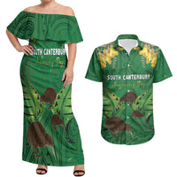 Personalised South Canterbury Anniversary Day Couples Matching Off Shoulder Maxi Dress and Hawaiian Shirt Kiwi Kowhai Silver Fern Maori Pattern LT22 Green - Polynesian Pride