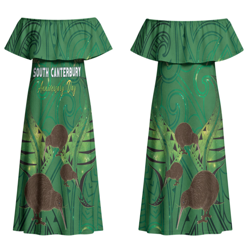 Personalised South Canterbury Anniversary Day Couples Matching Off Shoulder Maxi Dress and Hawaiian Shirt Kiwi Kowhai Silver Fern Maori Pattern LT22 - Polynesian Pride