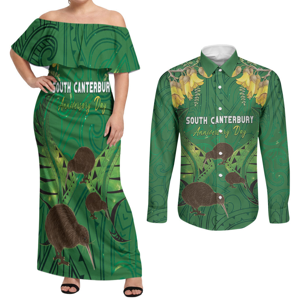 Personalised South Canterbury Anniversary Day Couples Matching Off Shoulder Maxi Dress and Long Sleeve Button Shirt Kiwi Kowhai Silver Fern Maori Pattern LT22 Green - Polynesian Pride