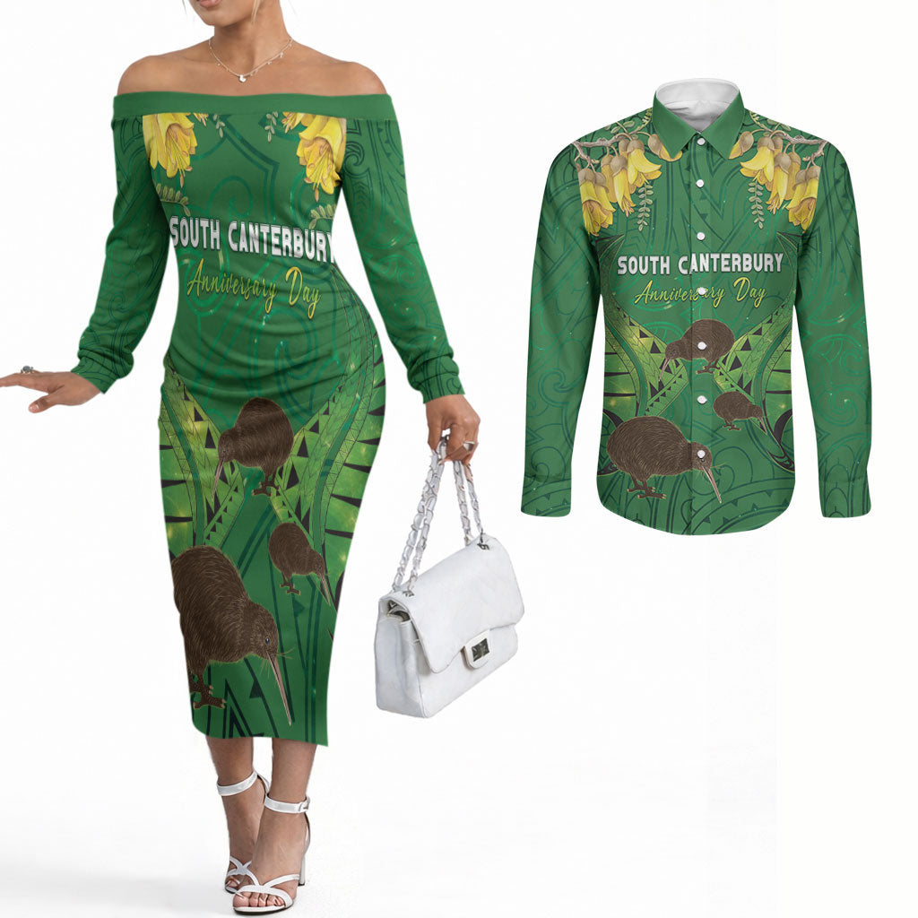 Personalised South Canterbury Anniversary Day Couples Matching Off The Shoulder Long Sleeve Dress and Long Sleeve Button Shirt Kiwi Kowhai Silver Fern Maori Pattern LT22 Green - Polynesian Pride
