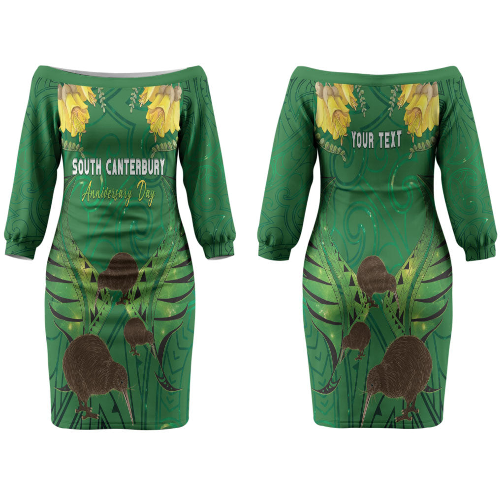 Personalised South Canterbury Anniversary Day Couples Matching Off The Shoulder Long Sleeve Dress and Long Sleeve Button Shirt Kiwi Kowhai Silver Fern Maori Pattern LT22 - Polynesian Pride