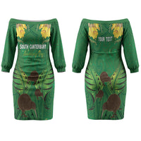 Personalised South Canterbury Anniversary Day Couples Matching Off The Shoulder Long Sleeve Dress and Long Sleeve Button Shirt Kiwi Kowhai Silver Fern Maori Pattern LT22 - Polynesian Pride