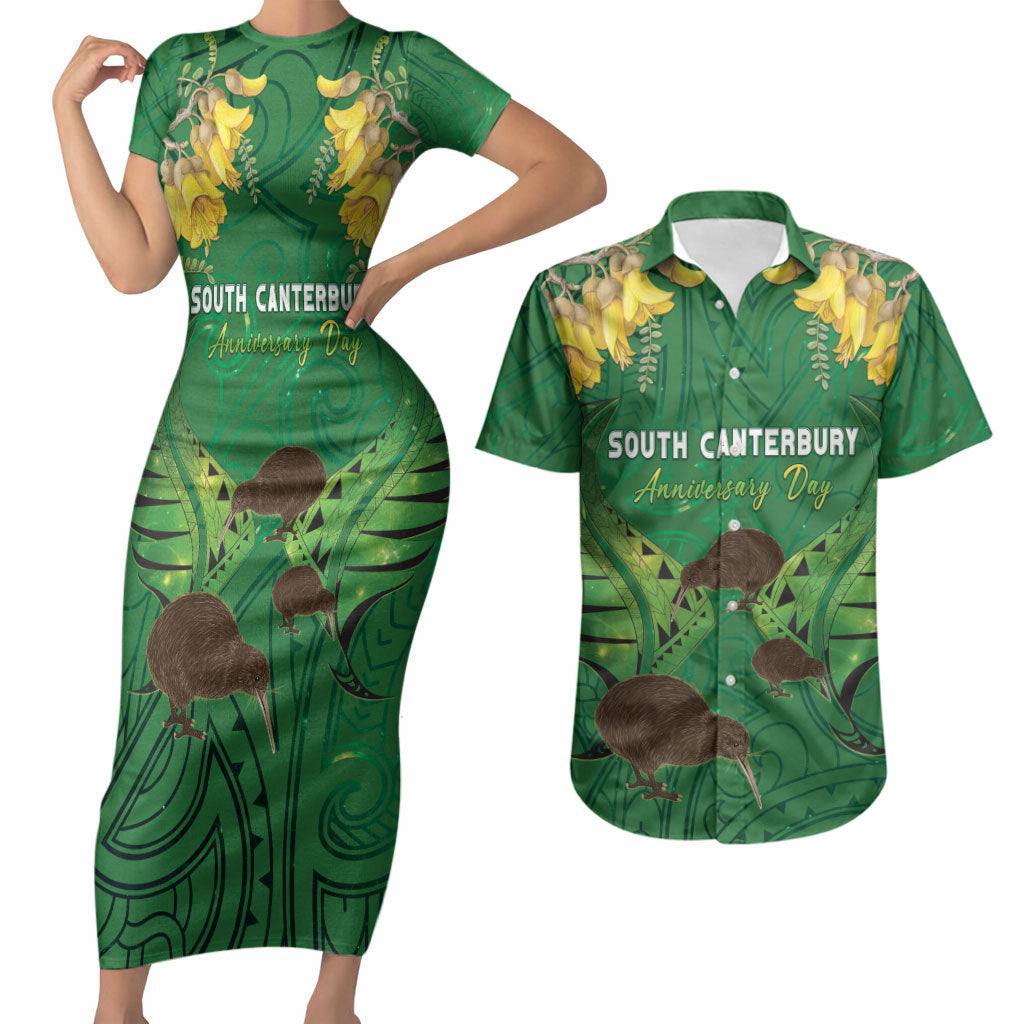 Personalised South Canterbury Anniversary Day Couples Matching Short Sleeve Bodycon Dress and Hawaiian Shirt Kiwi Kowhai Silver Fern Maori Pattern LT22 Green - Polynesian Pride